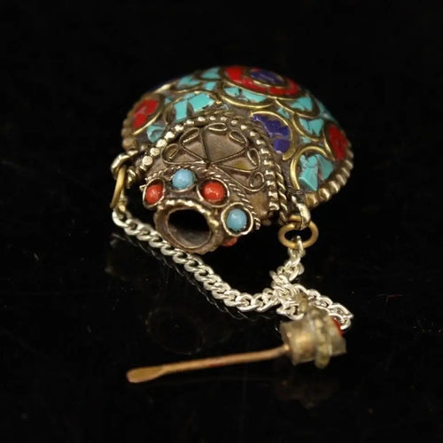 Antique Tibetan Solid Copper Snuff Bottle, Fully Handcrafted Inlaid with Gemstones